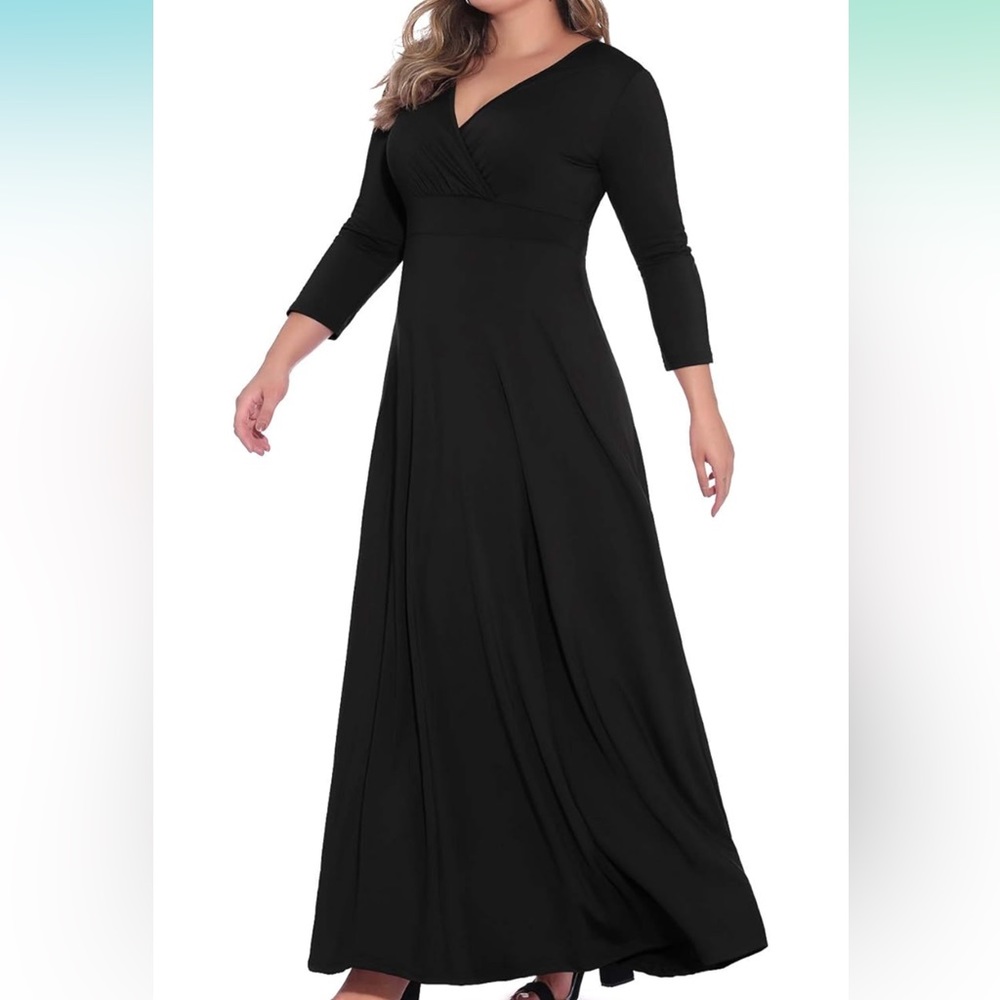 Women's Solid V-Neck 3/4 Sleeve Plus Size Evening Party Maxi Dress - Picture 4 of 4